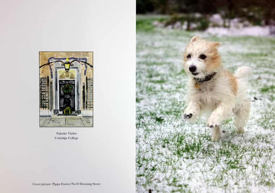 Dilyn sprints across a snow-covered No 10 lawn on Boris and Carrie Johnson's card