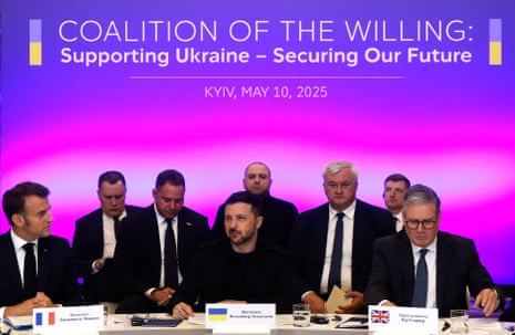 Emmanuel Macron, Volodymyr Zelenskyy and Keir Starmer attend a meeting of the ‘coalition of the willing’ at the Mariyinsky Palace, Kyiv.