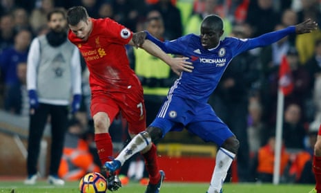 N’Golo Kanté, right, challenges James Milner during Chelsea’s 1-1 draw with Liverpool at Anfield.  The Frenchman was outstanding in the contest