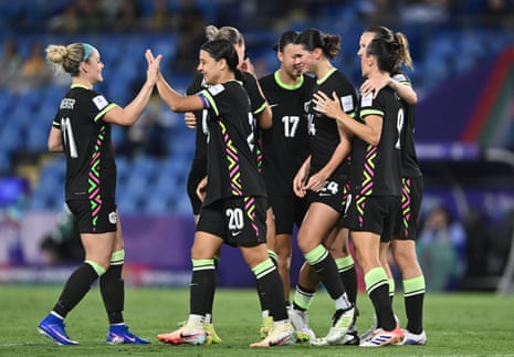 The Matildas celebrate Alanna Kennedy’s goal.