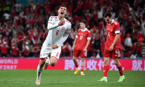 Andreas Christensen celebrates after he scored Denmark’s third goal from distance.