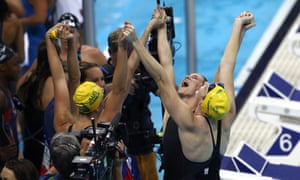 Australia's women’s 4 x 100m freestyle relay team celebrates