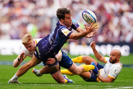 Bordeaux’s Damian Penaud is tackled by Leinster’s Tommy O’Brien in Bilbao