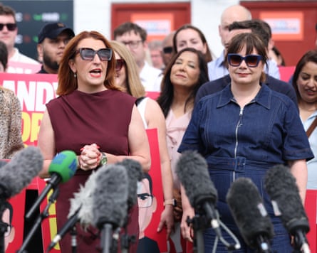 Louise Haigh, left, speaks to media while Anneliese Midgley stands to her left