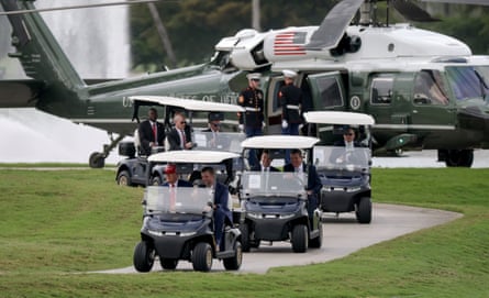 President Trump arrives at the LIV Golf tournament in Doral, Florida, one of his courses. His attendance at Bethpage will lead to heightened security.