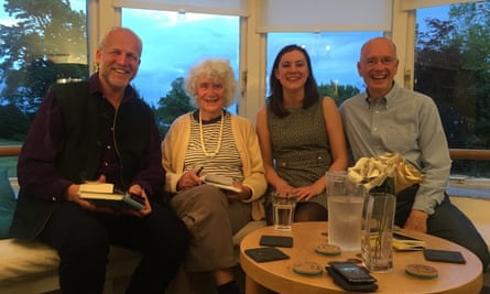 Justin Marozzi (left) Rory MacLean (right) with Jan Morris (second left) in 2016.