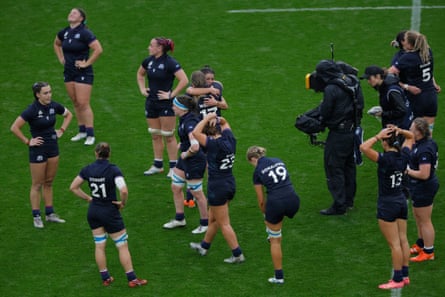Dejected Scottish players after the final whistle.