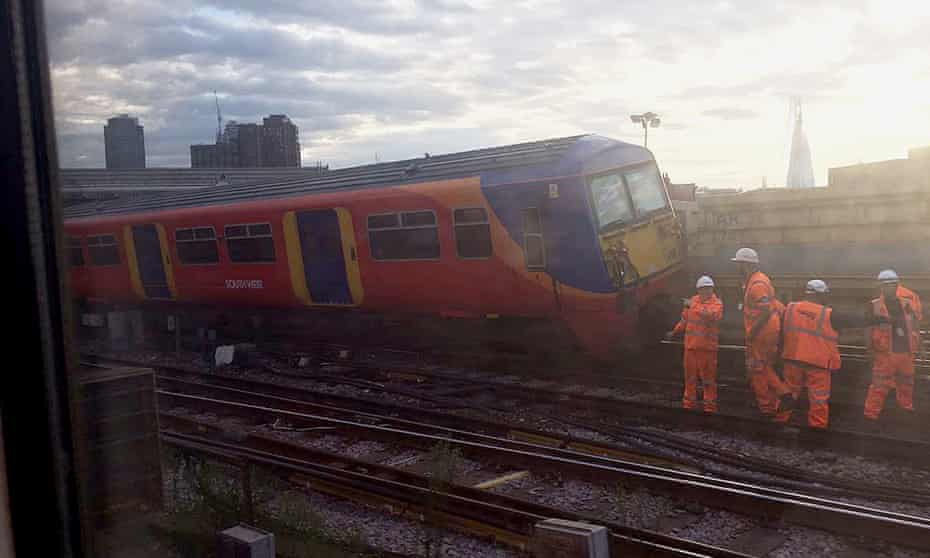 A South West Trains train following a collision with an engineering wagon at Waterloo
