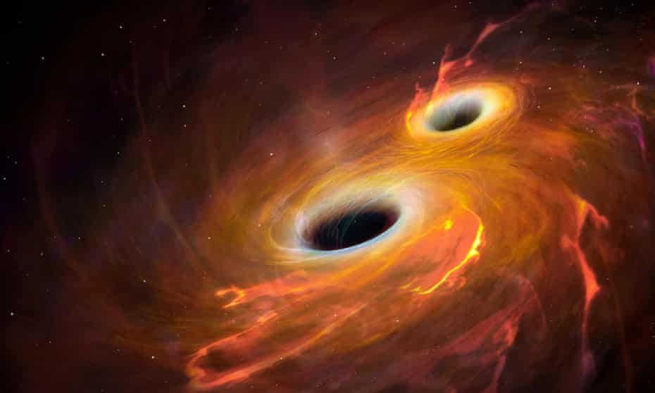 Illustration of two black holes orbiting each other