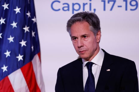 US secretary of state Antony Blinken is pictured next to a US flag at a press conference at the end of the G7 foreign ministers meeting on the Italian island of Capri on Friday.