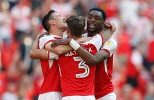 Rotherham’s Semi Ajayi celebrates promotion to the Championship.