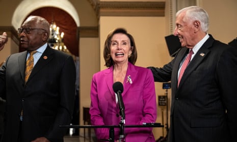 House speaker Nancy Pelosi with majority whip James Clyburn and majority leader Steny Hoyer prior to the passing of the Democrats’ infrastructure bill.