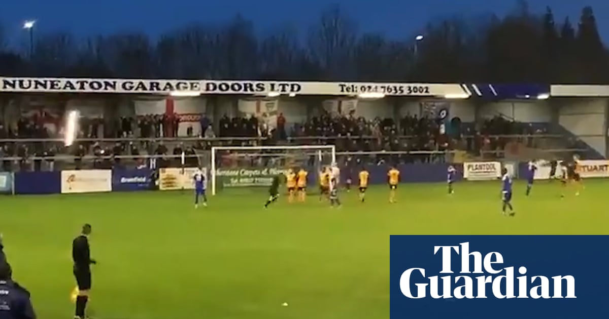 Nuneaton Borough keeper shanks his penalty into stands and breaks a light – video