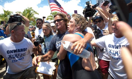 Diana Nyad, right, and her coach Bonnie Stoll, after Nyad walked to the beach on September 2, 2013 in Key West, Florida, after swimming from Cuba.