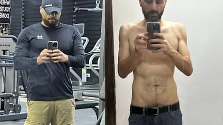 Composite image of man taking picture and then another of him with top off looking thin and emaciated