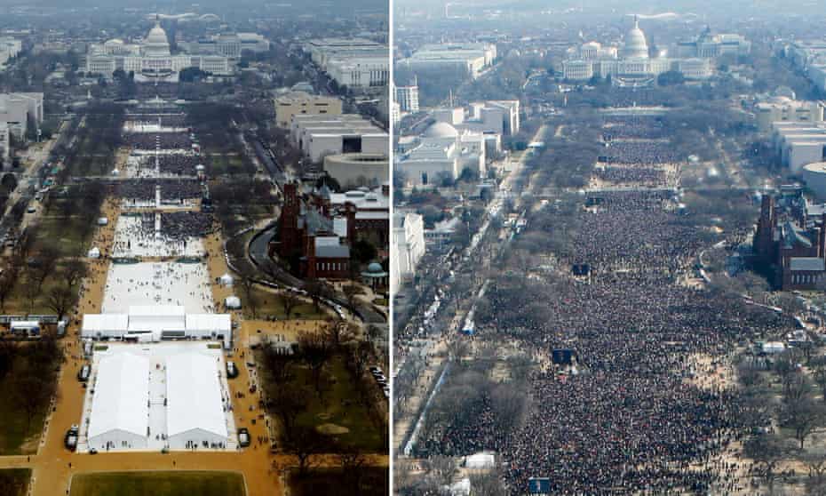 Donald Trump’s inauguration crowd, left, and Barack Obama’s inauguration crowd.