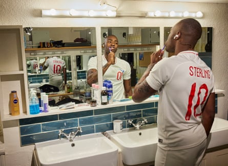 Matsena in his dressing room in a Raheem Sterling shirt