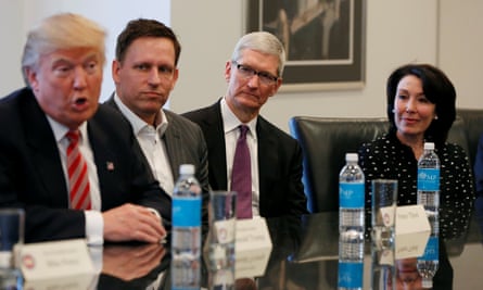 Donald Trump speaks as PayPal co-founder and Facebook board member Peter Thiel, Apple CEO Tim Cook and Oracle CEO Safra Catz listen.