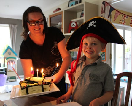 Jai Breitnauer and her son dressed in a pirate’s hat on his fifth birthday