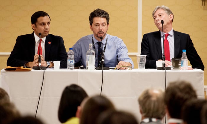 Richard Leonard (right) and Anas Sarwar (left) at a Daily Record hustings in Brighton chaired by Torcuil Crichton (centre).