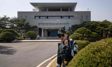 A soldier stands before ‘Peace Hall’, the venue of an upcoming summit between South Korean president Moon Jae-in and North Korean leader Kim Jong-un.