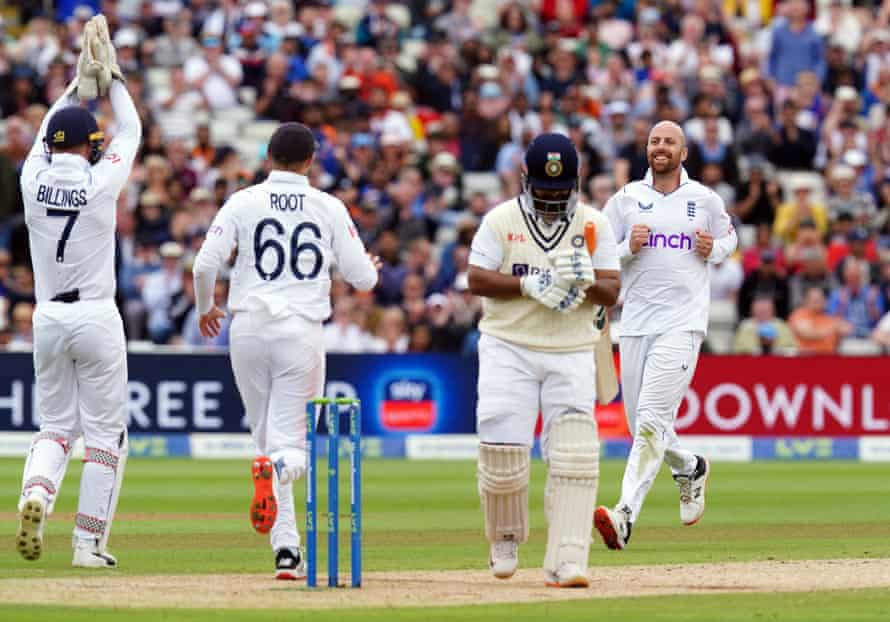 Jack Leach dismisses the dangerman Rishabh Pant for 57.