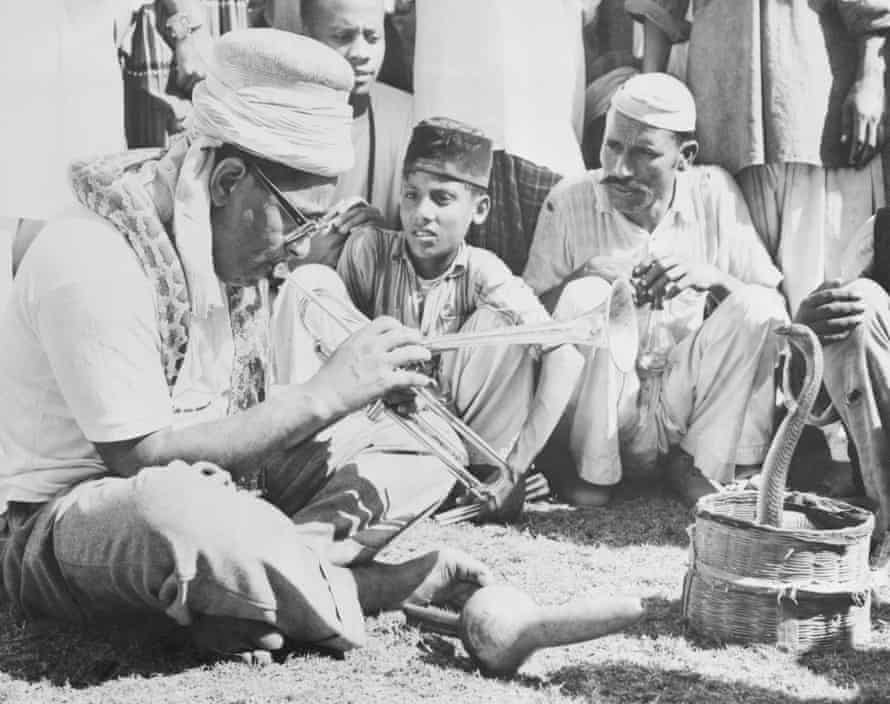 Dizzy Gillespie charming a snake while on tour in Karachi, Pakistan.