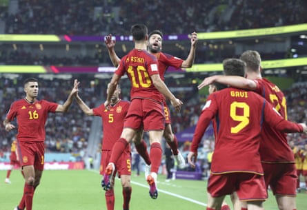 Marco Asensio celebrates with his teammates after scoring Spain’s second goal in their 7-0 victory over Costa Rica
