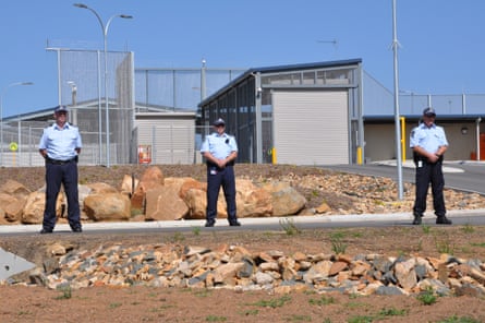 Federal police outside Yongah Hill Immigration Detention Centre in Western Australia