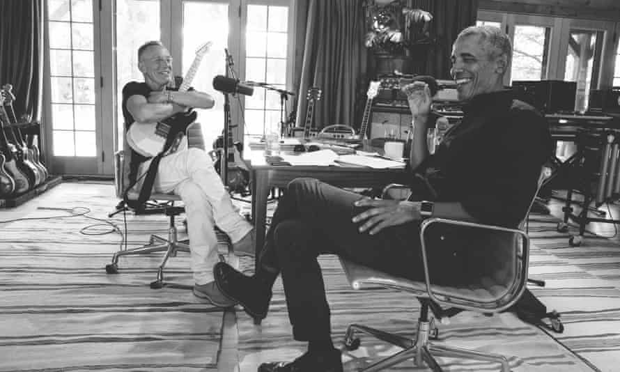 Bruce Springsteen and Barack Obama record their podcast.