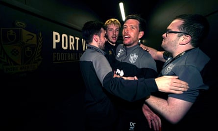 Darrell Clarke celebrates with Port Vale colleagues after the playoff semi-final win over Swindon.