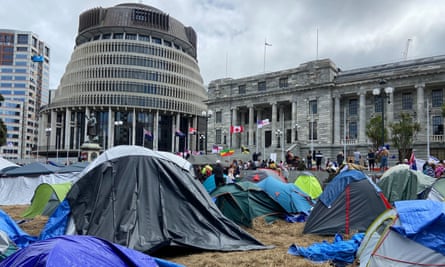 A loose coalition of anti-vaccine protesters camped outside New Zealand’s parliament in February