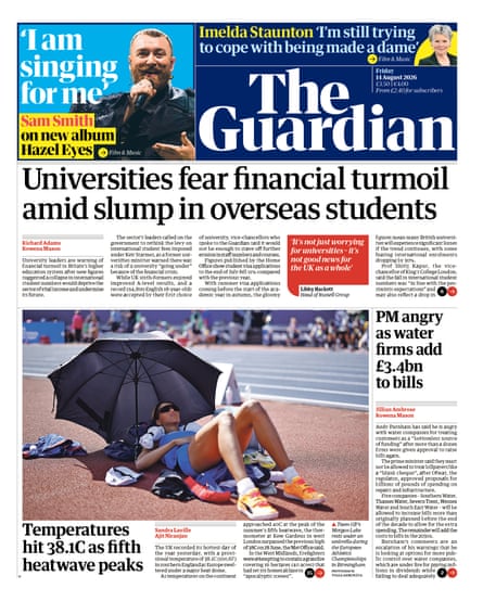 Front page of the Guardian 14 August 2026