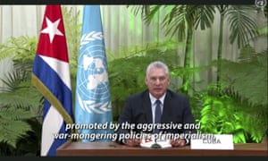 Cuban President Miguel Diaz-Canel speaks in a pre-recorded message which was played during the 75th session of the United Nations General Assembly.