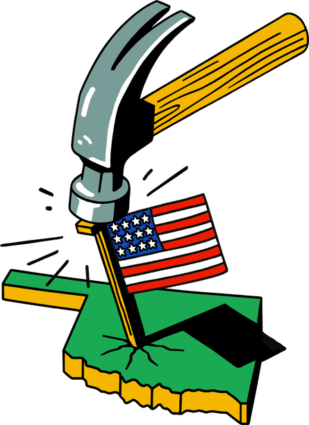 A hammer hitting a stake with an American flag into the state of Oklahoma. #E71E04