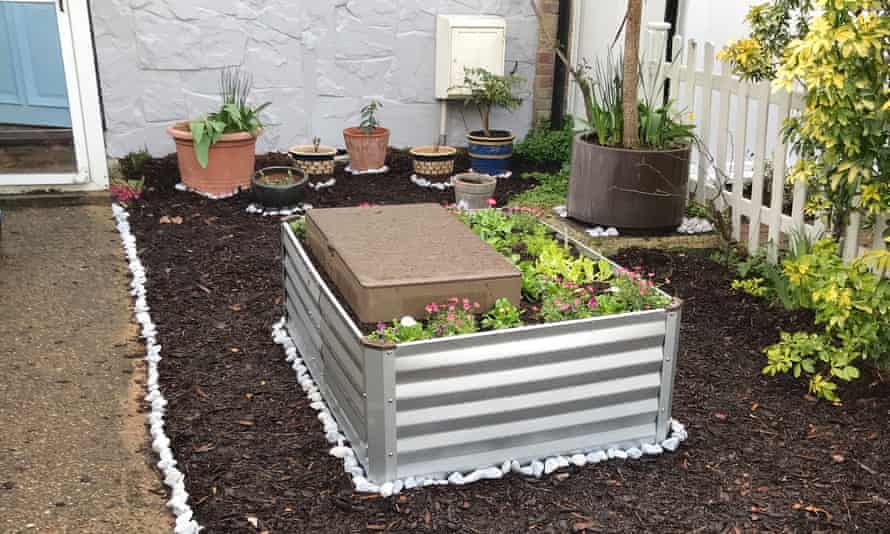Sarah Mo’s front garden, with raised bed surrounded by woodchip