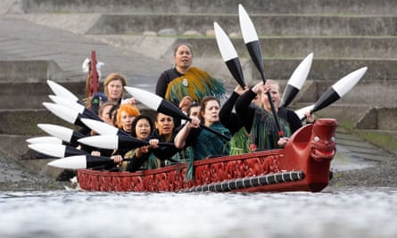 Maoriwaka (war canoe) launched in Wellington waterfront lagoon as part of Women's World Cup football trophy promotional event 