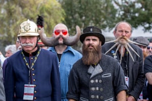 Contestants of the World Beard And Mustache Championships pose for a picture during the opening ceremony of the Championships 2015