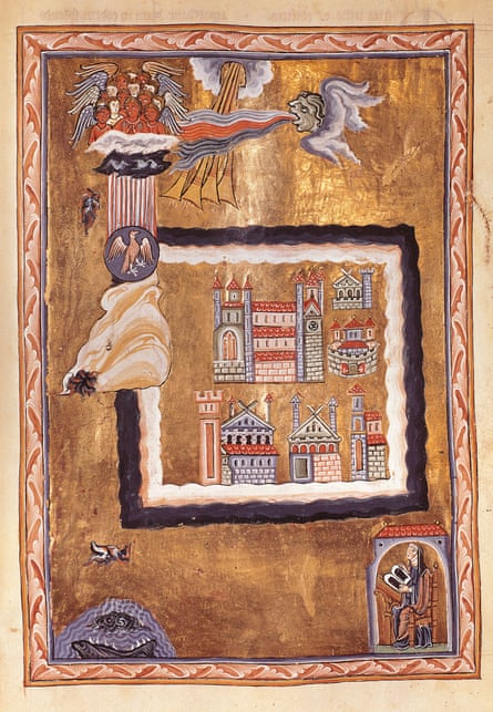 a 13th-century illumination of Hildegard from the Biblioteca Governativa in Tuscany.
