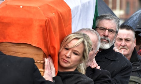 Gerry Adams and Michelle O’Neill, carry Martin McGuinness’s coffin through the streets of Derry.