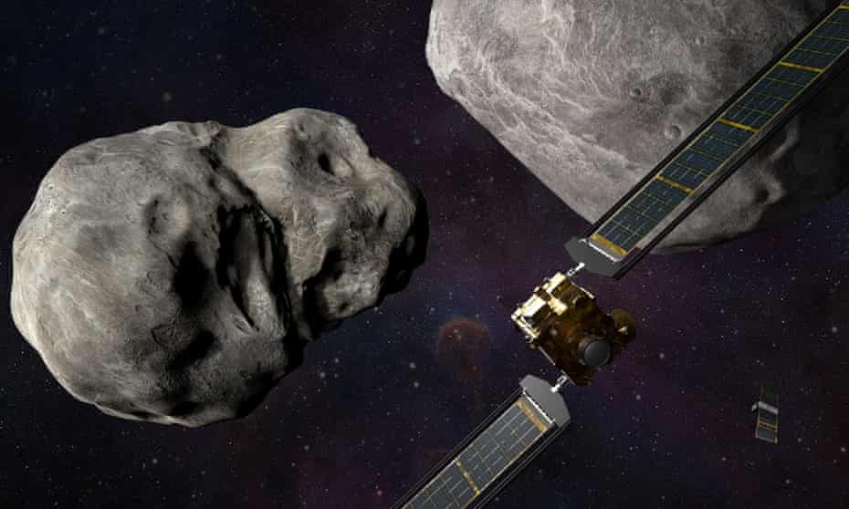 Artist’s impression shows the Dart spacecraft and the LICIACube prior to impact at the Didymos binary system.