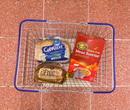 Gluten-free bread and cereals in shopping basket