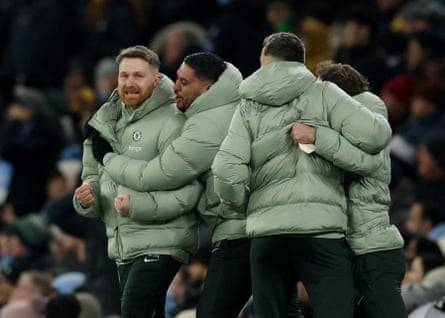 Calum McFarlane receives the acclaim of his coaching team after Chelsea’s unexpected point