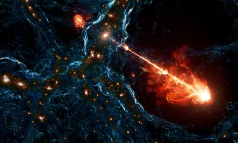 An artist's illustration showing a bright jet of plasma shooting out of a black hole