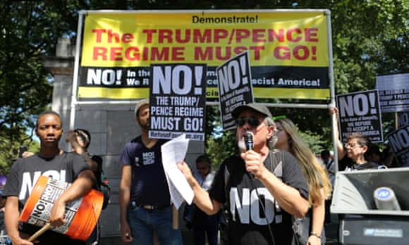 Activists protesting in New York, the day after the fatal attack on counter-protesters at the Unite the Right rally organised by white nationalists in Charlottesville, Virginia.