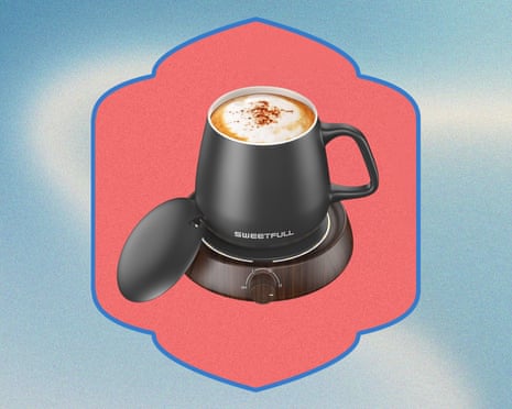 a coffee warmer on coral background
