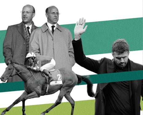 A racehorse and jockey beside Glazer family members, next to a man raising his hand