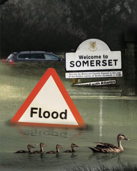 Illustration of a flooded 'Welcome to Somerset' sign with ducks swimming in the water