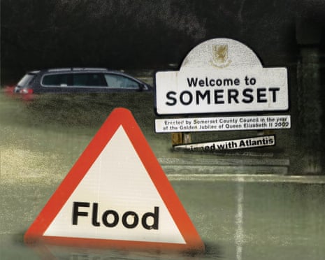 Illustration of a flooded 'Welcome to Somerset' sign with ducks swimming in the water