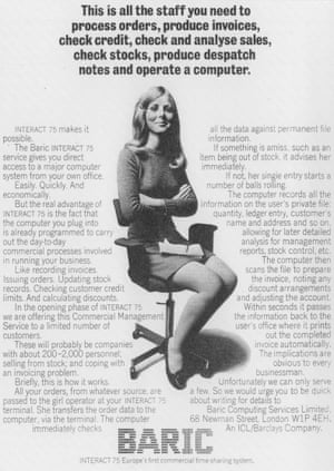 A 1970 advertisement for an ICL timesharing system foregrounds the inexpensive labor that can be employed to run this powerful system rather than showing the machines.